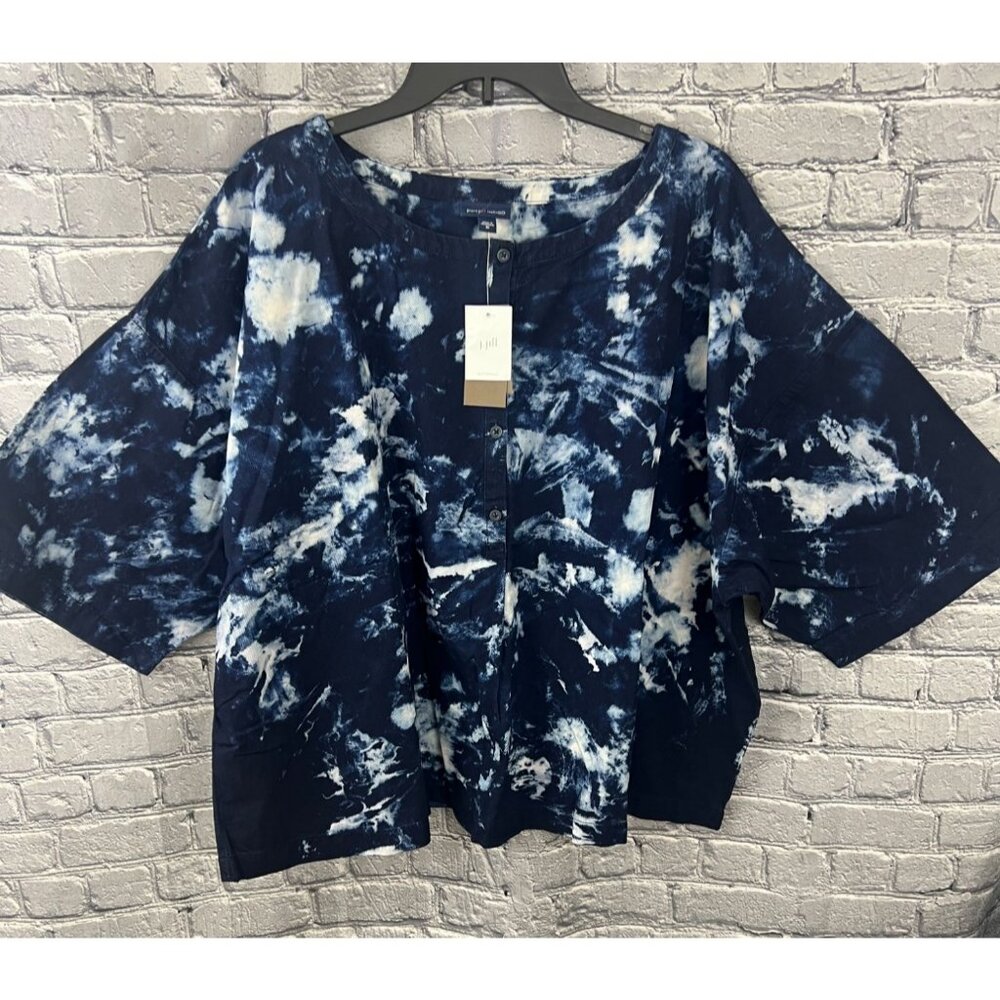 NWT J.jill Pure Jill INDIGO 2X‎ Boxy Lagenlook Cotton Blouse Shirt Top Tie-Dye
